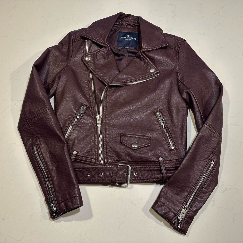 American Eagle Outfitters Dark Burgundy vegan Leather moto Jacket